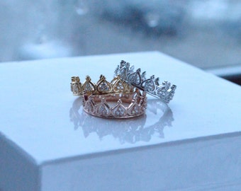 Set of 3 Princess Crown Ring Sterling Silver, CZ Crown Ring, Silver Tiara Ring, Princess Rings, Bridesmaid Gift, Stacking Ring Set