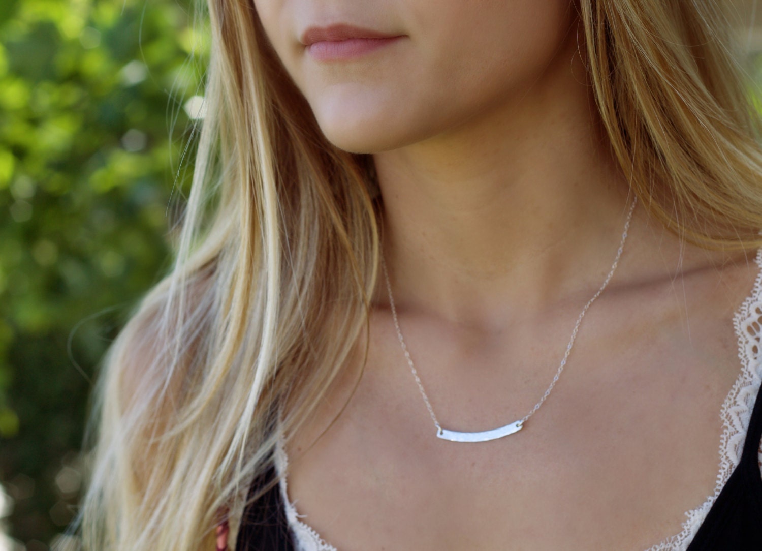 silver bar necklace, curved bar necklace, dainty layering jewelry, hammered arc necklace, SA100