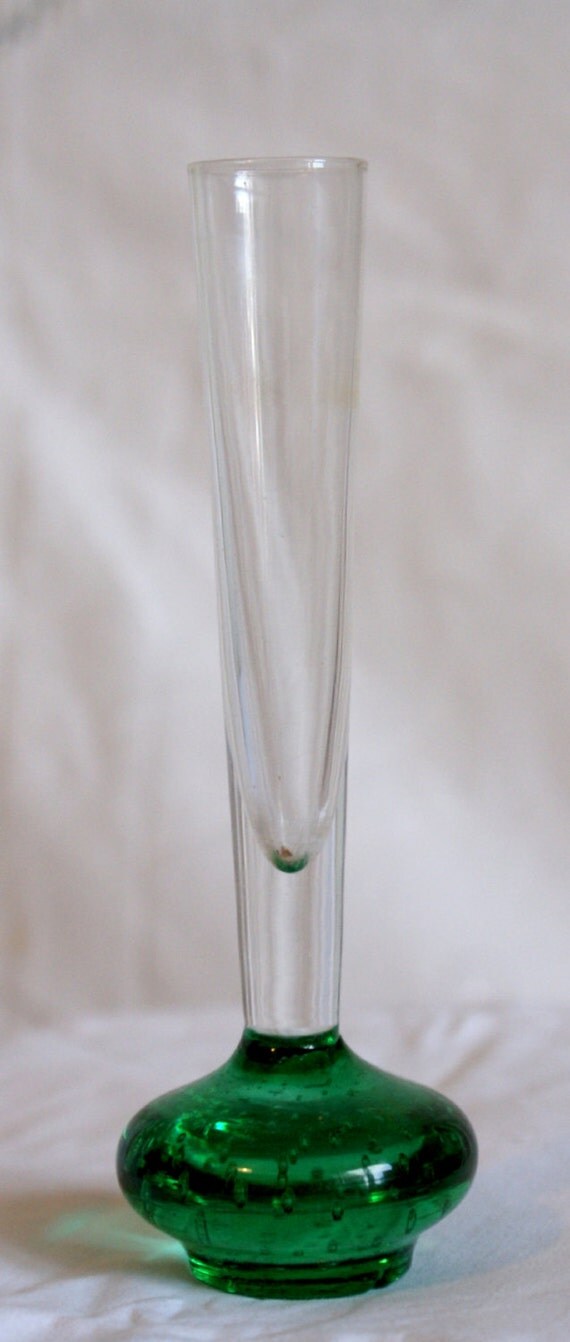 Glass Bud Vase Green Base With Air Bubbles Hand Made Vase