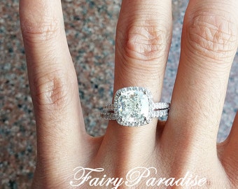 3 Carat Cushion Cut Halo Engagement Ring/ Promise Ring in 925 Silver, man made diamond pave band, Alternative Engagement Ring -FairyParadise