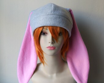 Fleece Rabbit Hat / GREY + BUBBLEGUM PINK Beanie Style with Long Bunny Ears Cute Anime Cosplay Gray Rabbit Usagi Kawaii Animal Costume Hat - il_340x270.797048537_f5mw