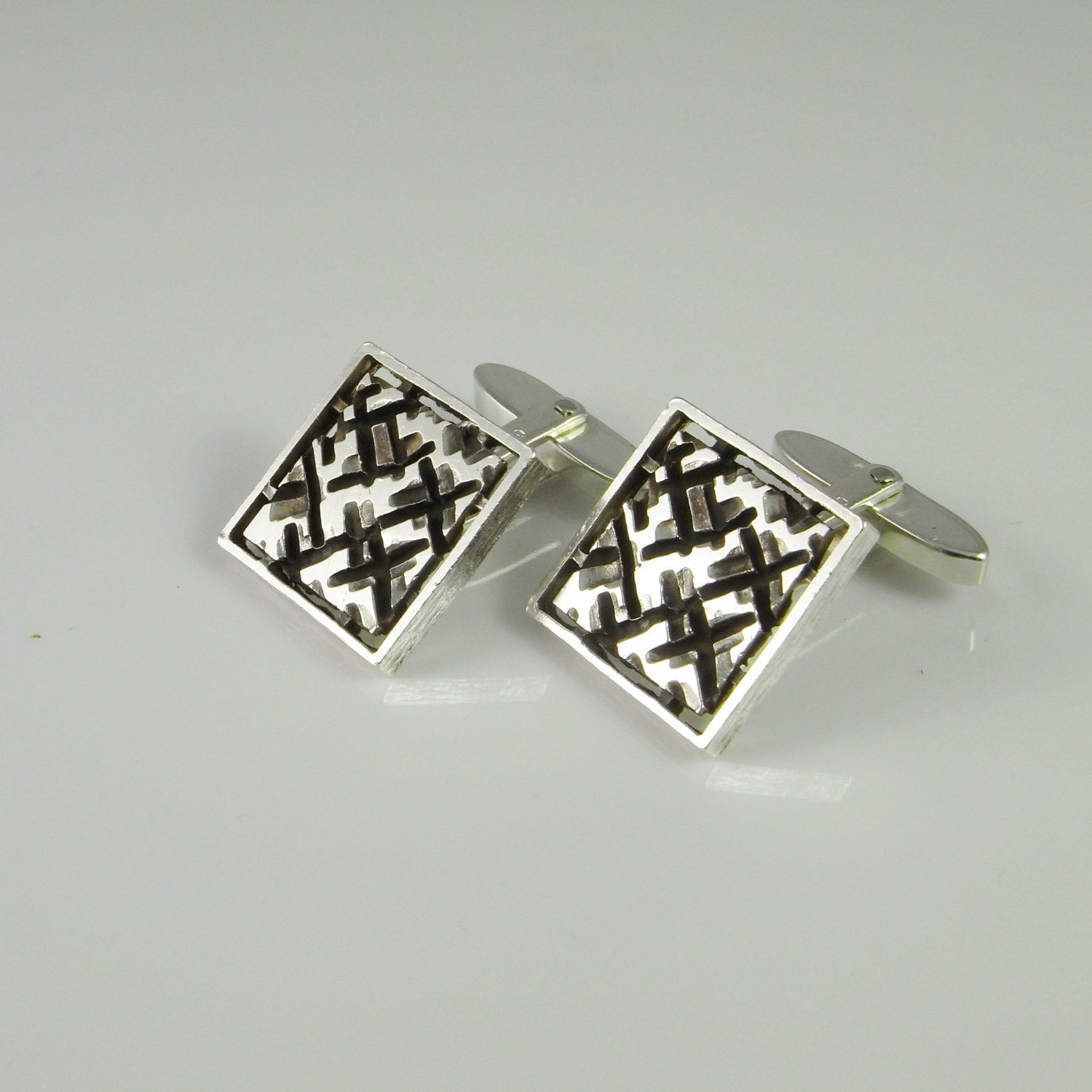 Houndstooth Unique Silver Cufflinks MidCentury Cufflinks Modernist