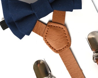 SUSPENDER & BOWTIE SET. Newborn - Adult sizes. Light brown pu leather suspenders. Navy Bow tie.