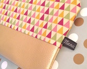 Big Zipper pouch / Clutch / Case "Beige fabric with triangles & golden vinyl / fake leather"