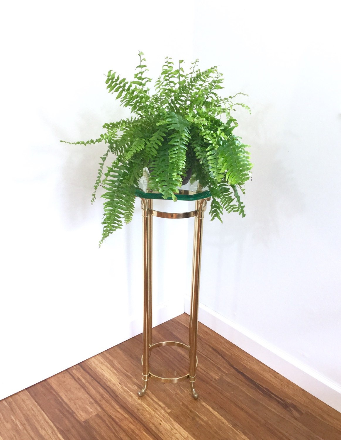 Vintage Brass and Glass Top Pedestal Table Plant Stand Haute Juice