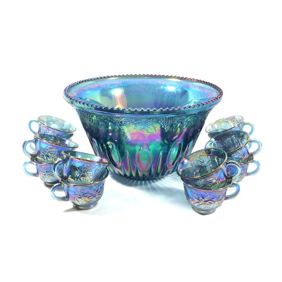 Vintage Blue Carnival Glass Princess Punch Bowl