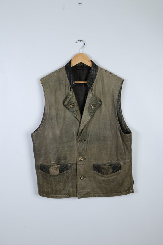 German Loden Genuine Leather Mens Vest Button Up by VintageSisBro