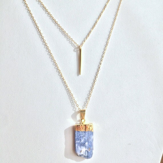 Double Layered Gold-filled Necklace w/ Vermeil Tooth and Blue Kyanite Stone ~ Boho Chic - One of a Kind Collection