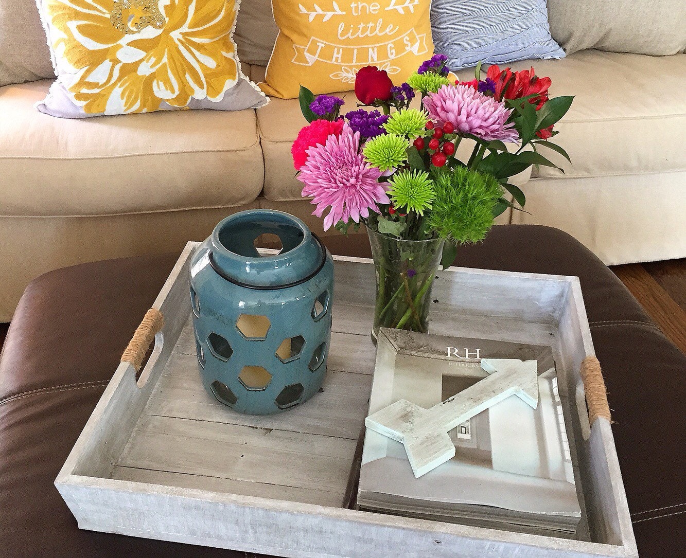 Large Wooden Whitewashed Tray Wooden Serving Tray Ottoman