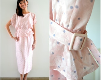 RESERVED// 1940 Vintage Dress/ Secret Garden Dress/ Medium Dress/ Light Pink Dress/ Polka Dot Dress/ Peplum Dress/ Button Back Dress