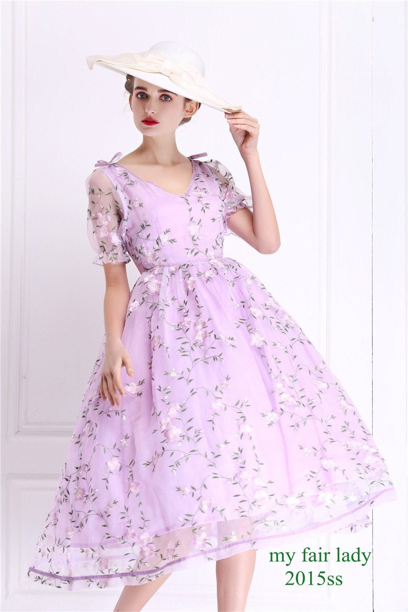 Wisteria Embroidery Bow on Shoulder Purple Organza Dress Light