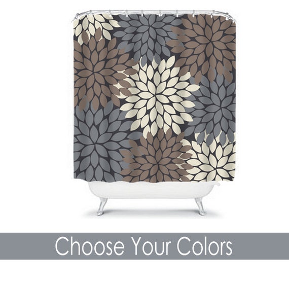 Gray Ivory Brown SHOWER CURTAIN Flowers Custom by