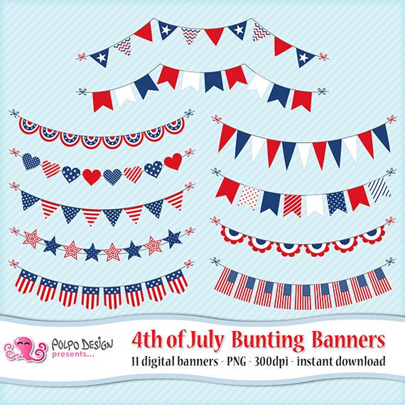 4th of July bunting banners clipart. Digital Patriotic