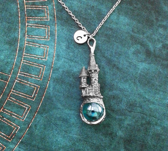 Castle Necklace LARGE Blue Glass Orb Necklace Tower Necklace
