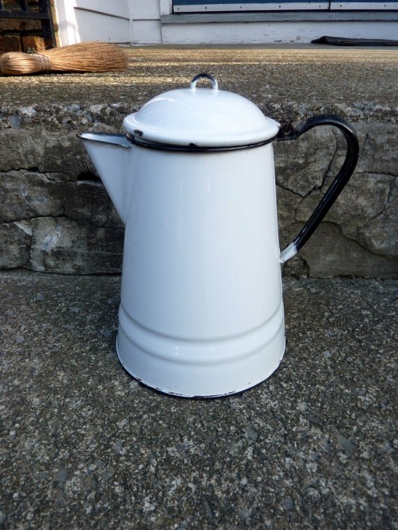 Vintage White Enamel Coffee Pot with Handle by ALifetimeOfVintage