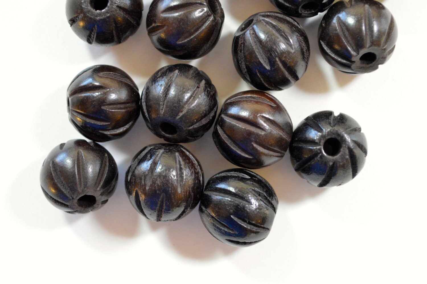 Large Carved Wood Beads Natural Wood Black Brown 15x14mm 7