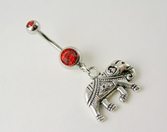 Lucky Elephant Belly Button Ring Sacred 14g Crystal AB Marigold Pink Purple Red Blue Green Black Rhinestone navel piercing body jewelry
