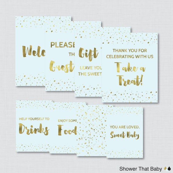 shower book printable request baby Shower Signs!   Printable Blue Baby Gold Welcome and Table Signs EIGHT