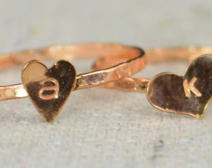 Golden Rose Heart Ring, Sterling Silver, Stacking Ring, Personalized Ring, Copper Heart Ring, Initial Heart Ring, Initial Ring, BFF Ring