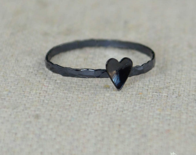 Tiny Gunmetal Heart Ring, Sterling Silver, Gunmetal Ring, Personalized Heart Ring, Goth Ring, Initial Heart Ring, Initial Ring, BFF Ring