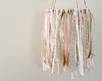 Baby Girl Nursery, Coral and Gold Nursery Mobile, Lace Mobile, Wedding Decorations, Ribbon and Lace Mobile, Boho Chic Nursery, Barn Wedding