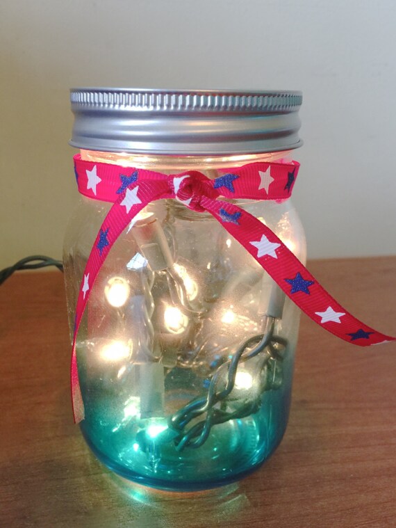 Blue Ombre Mason Jar with Twinkle Lights and Red White & Blue