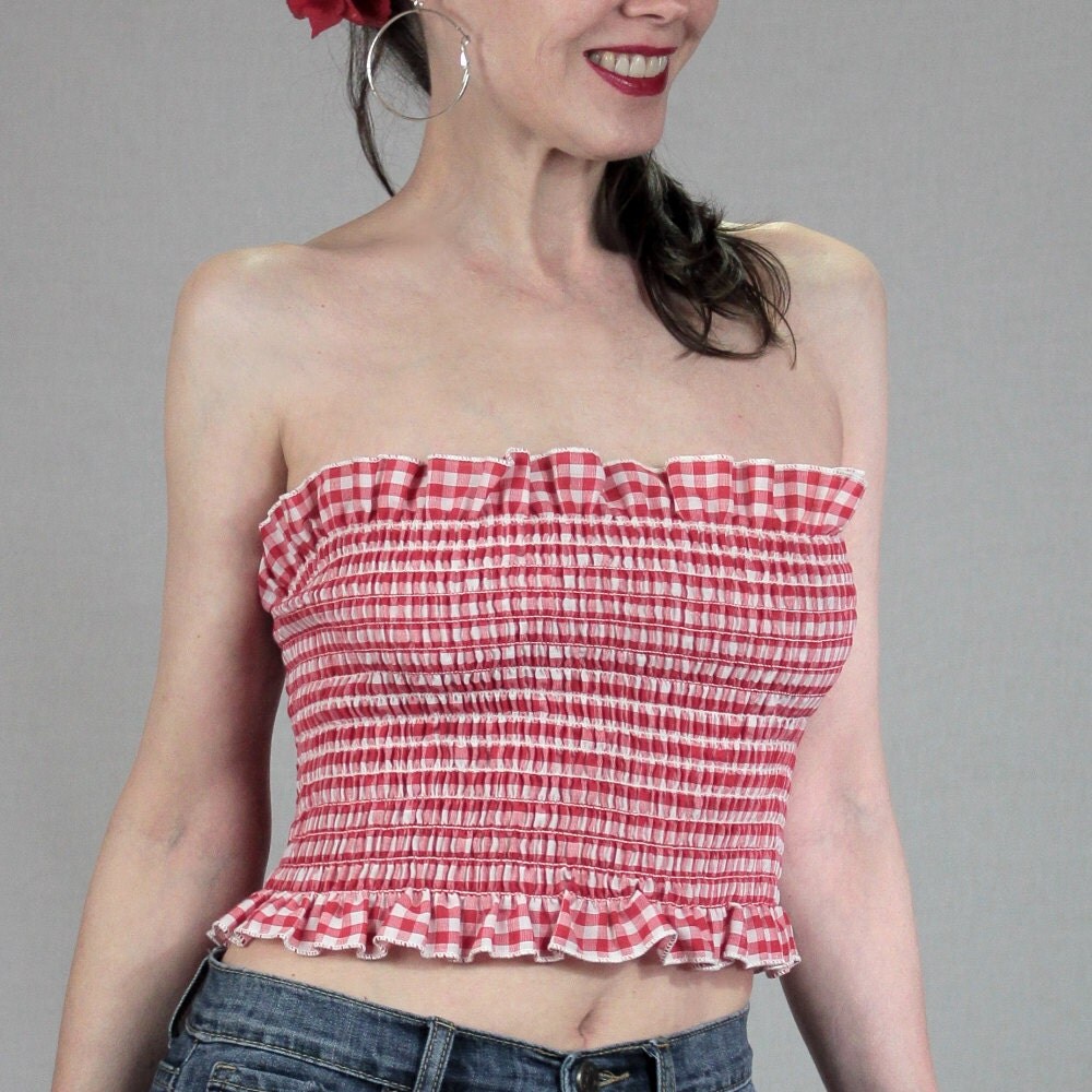 Red Gingham Tube Top 50s 60s Crop Top Midriff Stretch