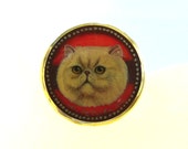 Cat Handpainted White Persian Cat Cameo Sterling Silver Statement Ring Carnelian Stone Signed ART Jewelry Sz 8 Gifts Ideas For Cat Lovers