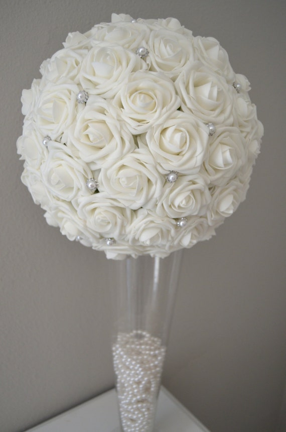 WHITE Flower Ball with Brooch Premium Real Touch Roses WEDDING