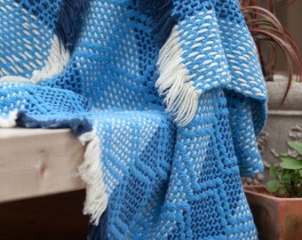 Vintage Woven Crochet Blanket • Unique Blue and White Crochet Blanket 55 x 41