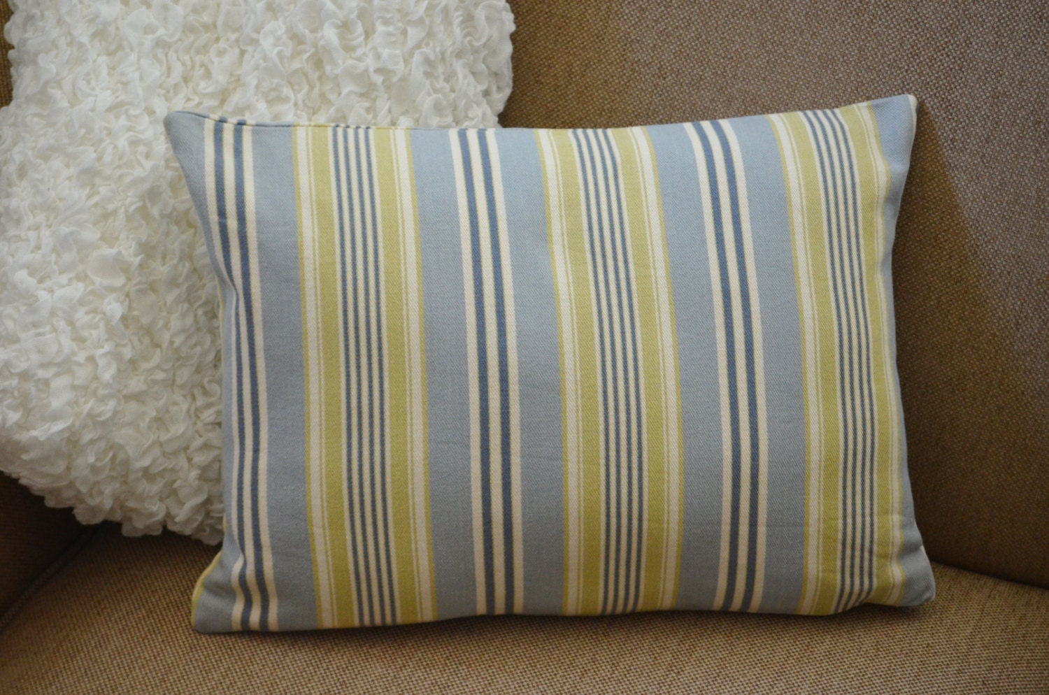 Baby Nursery Pillow blue and green stripe 12x16 by SweetPeaSprout