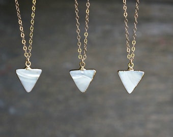 Triangle Necklace // Gold Rimmed Genuine Mother of Pearl Triangle Pendant on a Gold Filled Chain / Beachy Boho ... choose your chain length