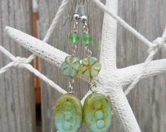 Turquoise Green Verdigris Long Dangle Earrings