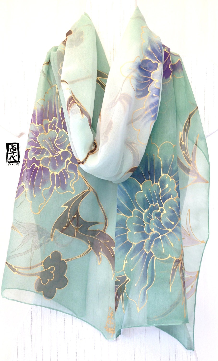 Large Silk Scarf Handpainted Green Japanese Kimono Scarf