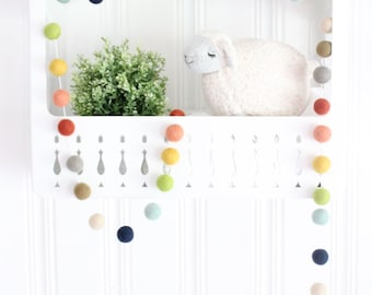 Farm To Table- Felt Pom Pom Garland- Felt Ball Bunting- Gender Neutral Decor- Coral Yellow Navy Gray Cream- Rainbow Garland- Mantle garland