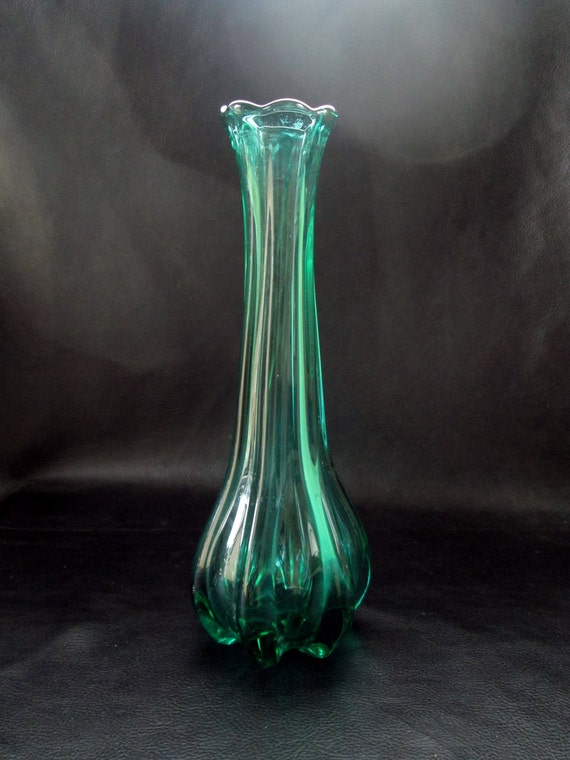 Green glass vase, vintage small sleek green glass vase