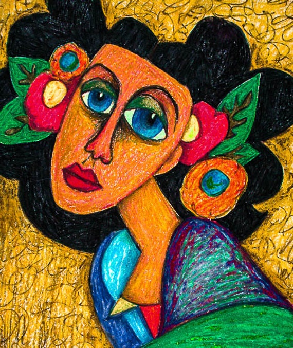 Spanish Lady Print Mexican Folk Art Woman Art Print Orange
