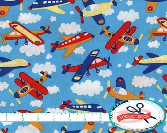 AIRPLANE Fabric by the Yard Fat Quarter Blue SKY & CLOUDS Fabric Jet Planes Fabric Baby Boy 100% Cotton Fabric Quilting Fabric Yardage t5-19