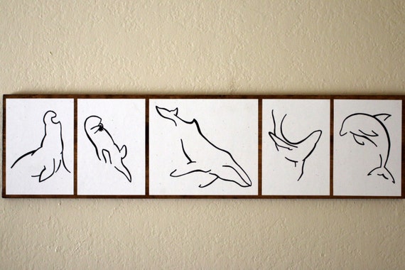 Minimalist Animal Art Original Drawings on Wood Marine