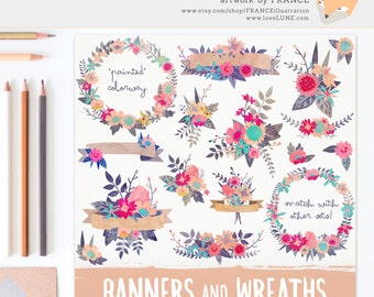 GET 3 FOR 2. Watercolor Flower Clipart Wreaths, Banners + Bouquets. Textured Watercolour Florals. Digitally Handdrawn Painted Flowers CA001.