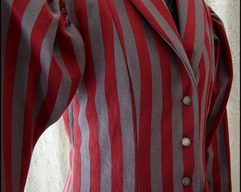 Edwardian Ringmistress - Crimson Grey Striped Fit and Flare Jacket by Kambriel - One of a Kind - Brand New and Ready to Ship