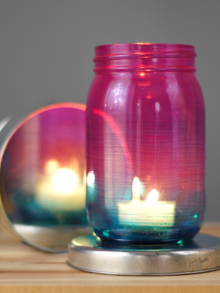 Bohemian Mason Jar Candle Lantern Ombre Tinted Glass From