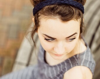 Braided Headband in Navy Blue, Workout Headband, Womens Headband, Stretchy Knit Headband, Forehead Headband, Navy Blue Headband Gift for her