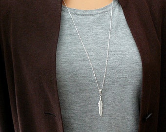 Feather Necklace - Long Necklace - Long Feather Necklace - Sterling Silver 925