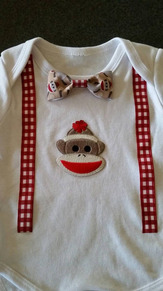 Baby Onesie Sock Monkey Onesie with Faux Suspenders and