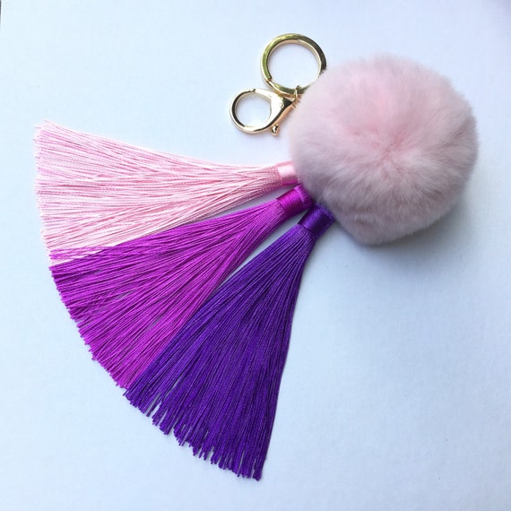 Purple Gradient Tassel Handbag Charm Fur Pom Pom ball keychain