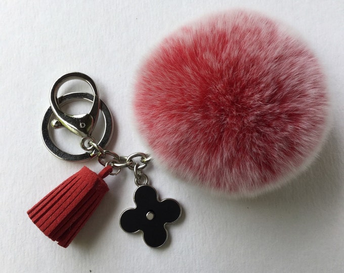 Red Frosted fur pompom keychain REX Rabbit fur pom pom ball with flower charm and leather tassel