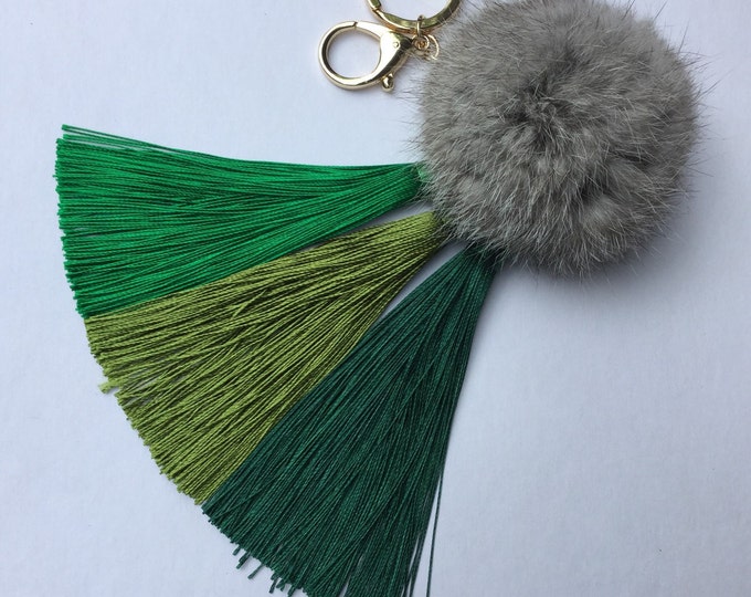 Green Gradient Tassel Handbag Charm Fur Pom Pom ball keychain