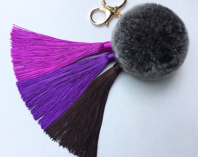 Purple/Brown Gradient Tassel Handbag Charm Fur Pom Pom ball keychain