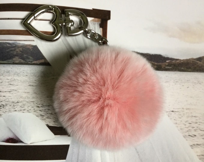 White pompom keychain REX Rabbit fur pom pom ball with heart buckle clasp